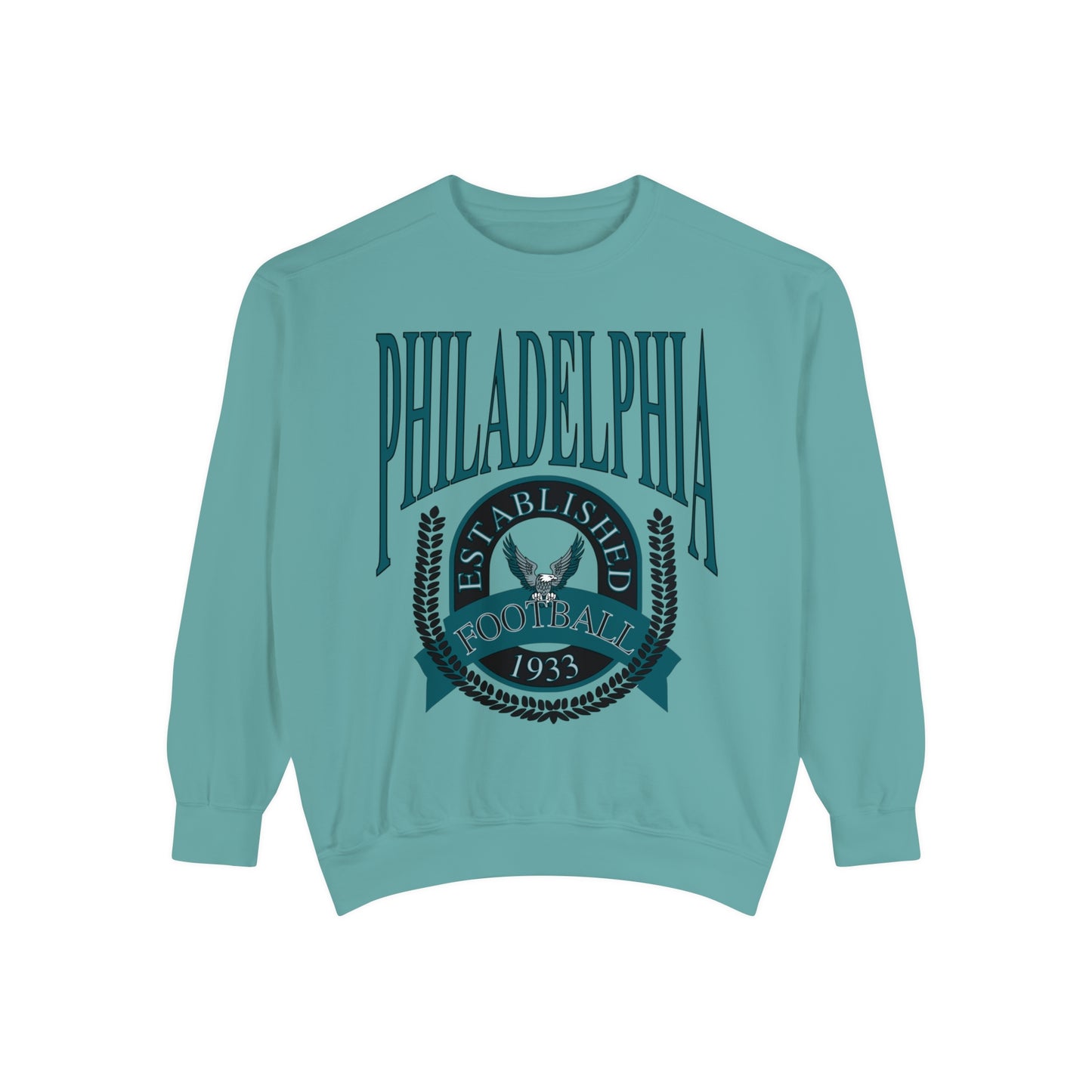 Comfort Colors - Throwback Philadelphia Eagles Teal Football Crewneck - Vintage NFL Hippy Circle Sweatshirt Men & Women - Design 1