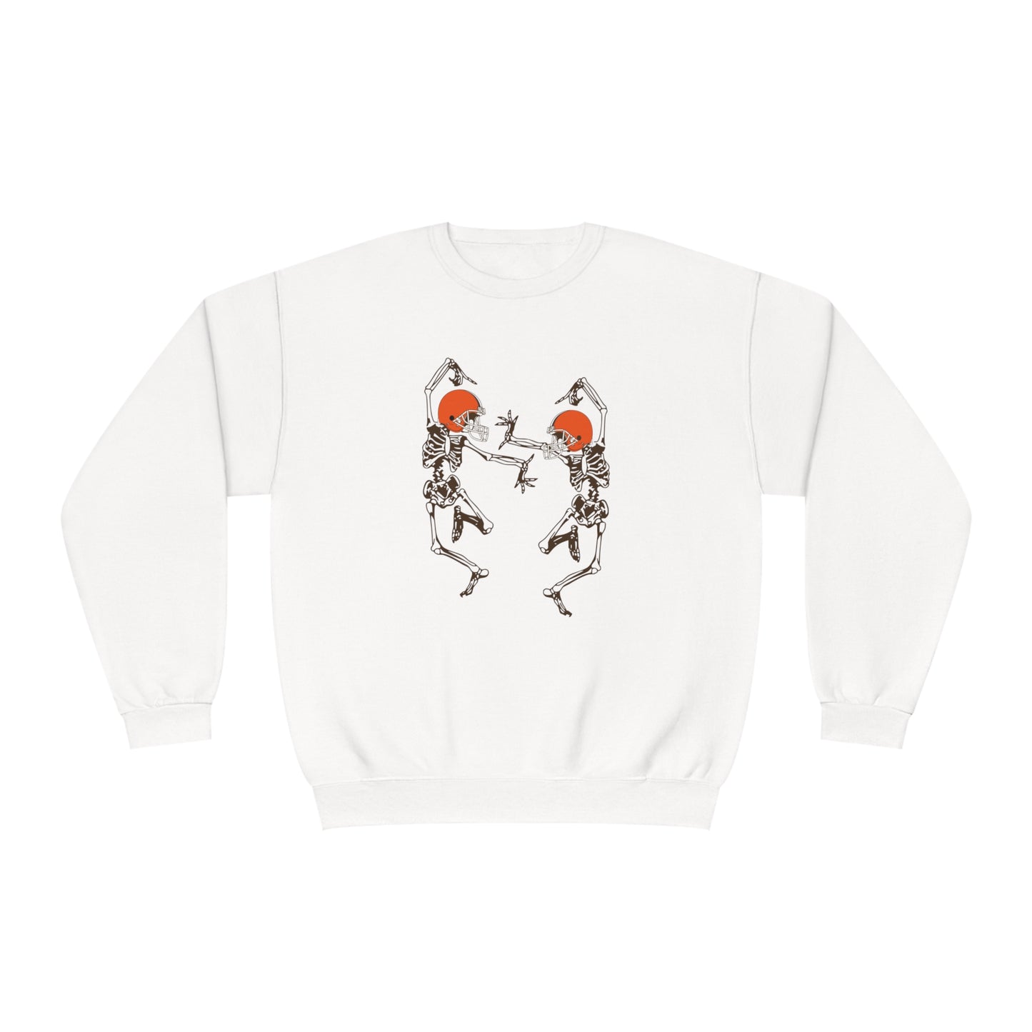 Cleveland Browns Skeleton Crewneck - Vintage Halloween Pumkinhead Sweatshirt - Design 9 Sweatshirt Printify White S Cleveland Browns Skeleton Crewneck Sweatshirt - Vintage Brown Halloween Pumkinhead Hoodie Sweatshirt - Design 9