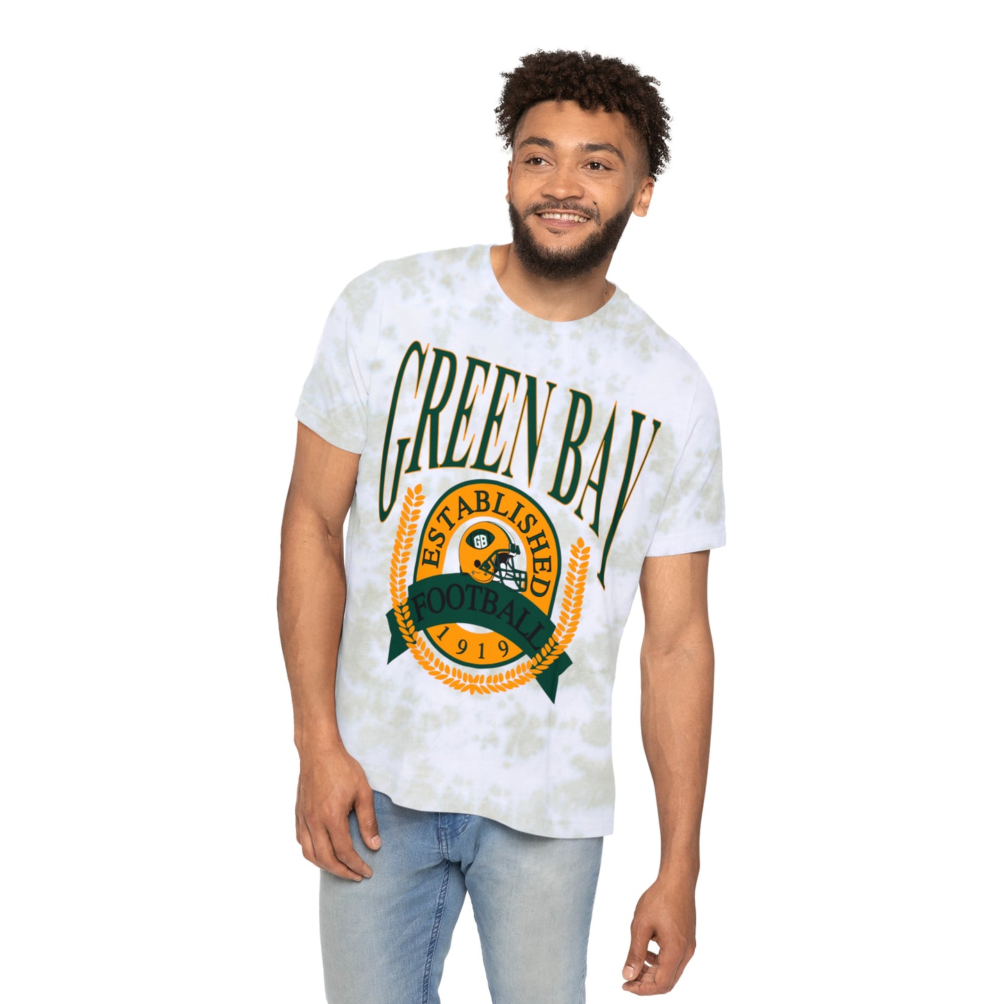 Tie Dye Throwback Green Bay Packers Football Short Sleeve T-Shirt - Vintage Mineral Wash Retro Tee - Men's Women's - Design 1