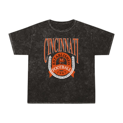 Cincinnati Bengals Tie Dye T-Shirt - Vintage Acid Wash Bengals Short Sleeve Tee - Retro Men's & Women's Unisex Mineral T-Shirt - Design 1