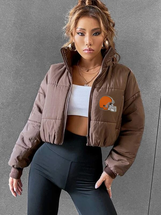 Cleveland Browns Cropped Puffer Jacket - NFL Football Women's Winter Coat - Beige & Brown