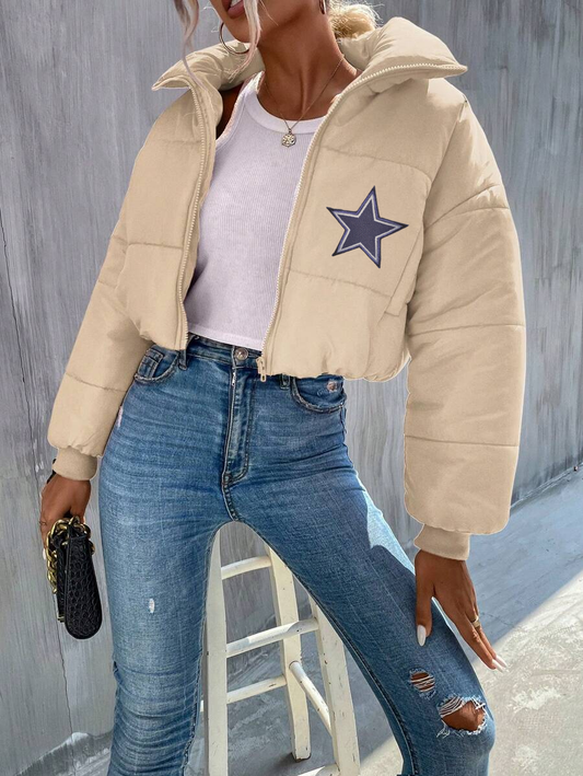 Dallas Cowboys Cropped Puffer Jacket - NFL Football Women's Winter Coat - Beige Blue Black