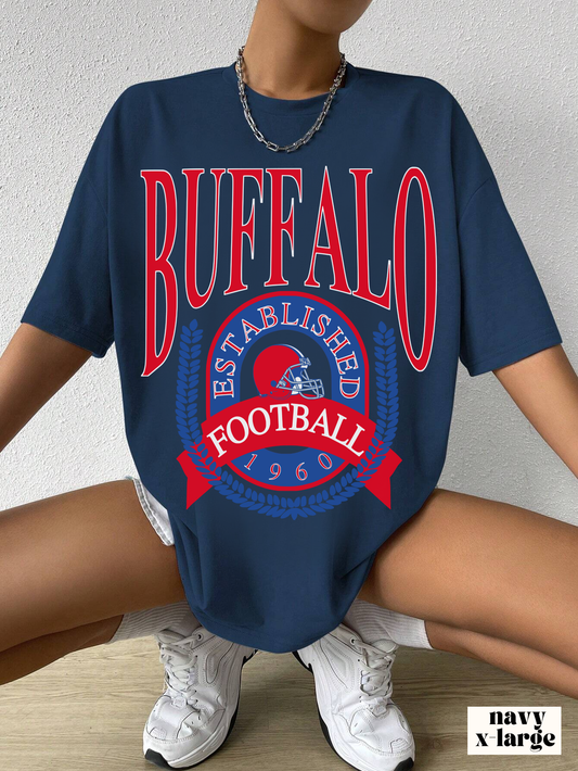 Vintage Buffalo Bills T-Shirt - Retro  Short Sleeve Tee - Oversized NFL Football Bills Mafia Unisex Men's Women's Oversized Apparel - Design 1 Navy Blue