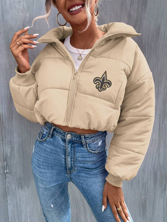 New Orleans Saints Cropped Puffer Jacket - NFL Football Women's Game Day Winter Coats - Black & Beige