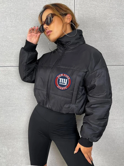 New York Giants Cropped Puffer Jacket - NFL Football Women's Winter Coat - Beige, Black, & Royal Blue