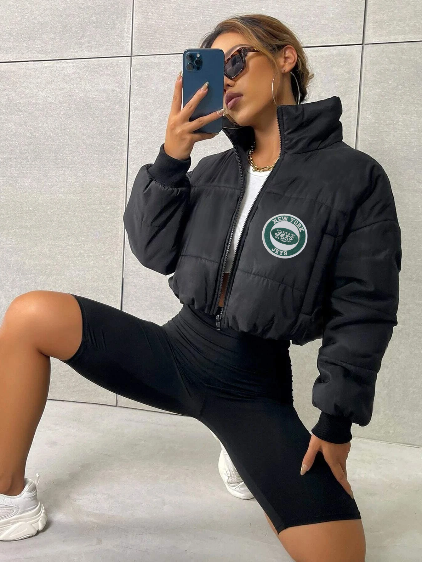 New York Jets Cropped Puffer Jacket - NFL Football Women's Winter Coat - Beige, Black