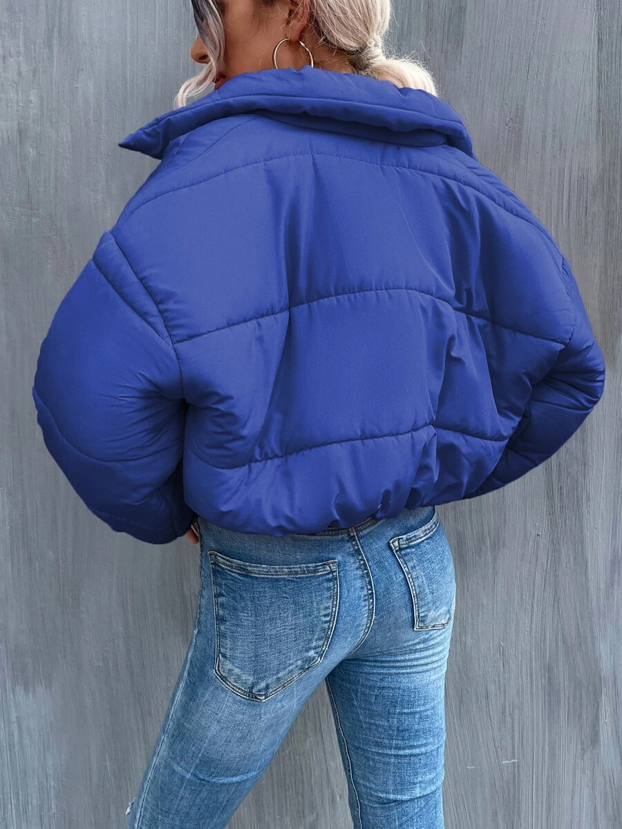 Denver Broncos Cropped Puffer Jacket - NFL Football Women's Winter Coat - Blue Black Beige