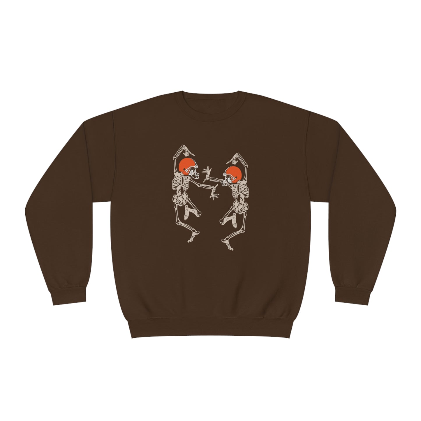Cleveland Browns Skeleton Crewneck - Vintage Halloween Pumkinhead Sweatshirt - Design 9 Sweatshirt Printify Chocolate M Cleveland Browns Skeleton Crewneck Sweatshirt - Vintage Brown Halloween Pumkinhead Hoodie Sweatshirt - Design 9