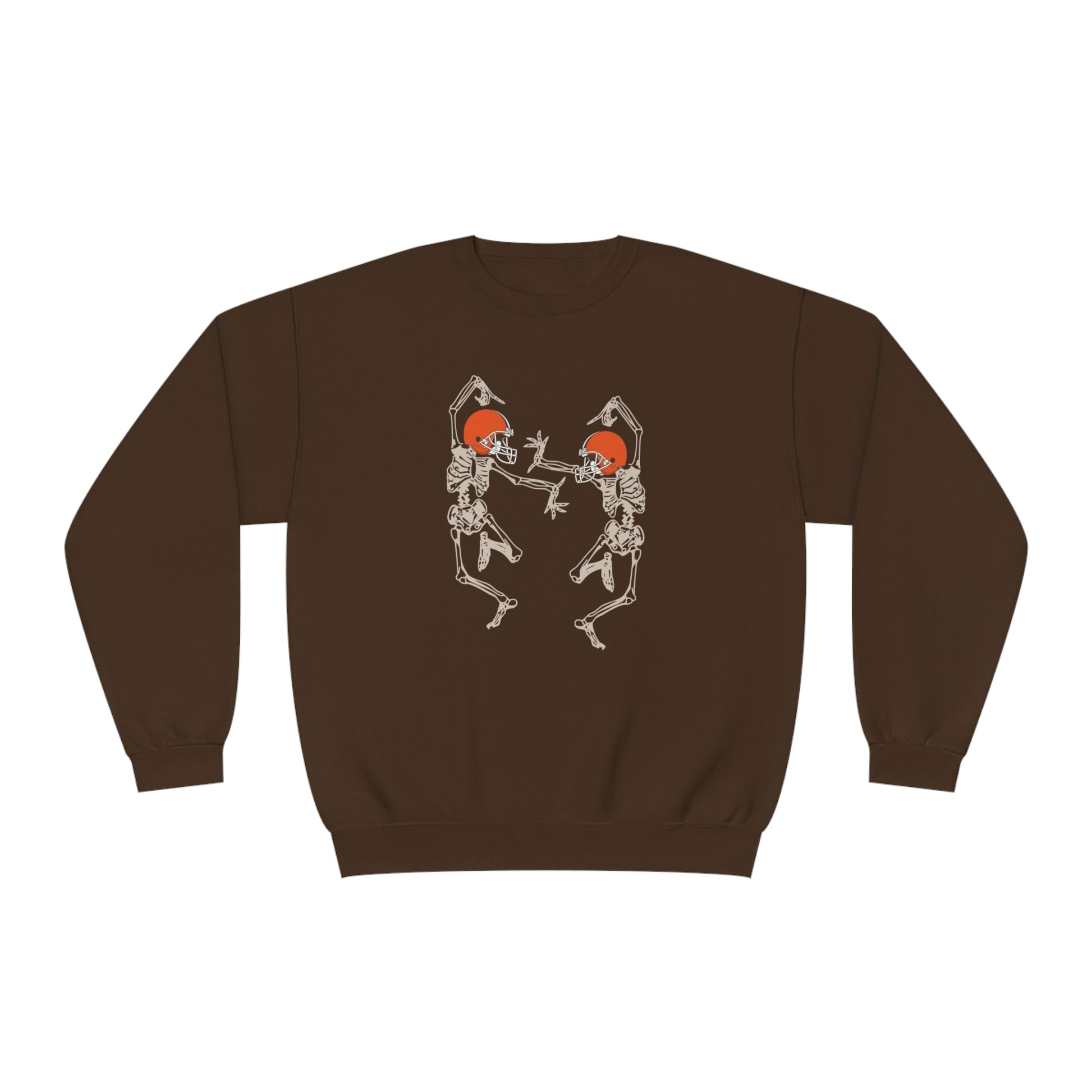 Cleveland Browns Skeleton Crewneck - Vintage Halloween Pumkinhead Sweatshirt - Design 9 Sweatshirt Printify Chocolate M Cleveland Browns Skeleton Crewneck Sweatshirt - Vintage Brown Halloween Pumkinhead Hoodie Sweatshirt - Design 9