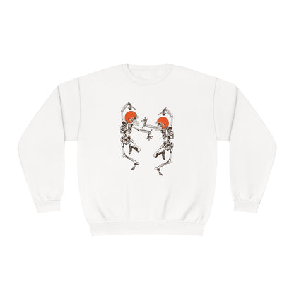 Cleveland Browns Skeleton Crewneck - Vintage Halloween Pumkinhead Sweatshirt - Design 9 Sweatshirt Printify White S Cleveland Browns Skeleton Crewneck Sweatshirt - Vintage Brown Halloween Pumkinhead Hoodie Sweatshirt - Design 9