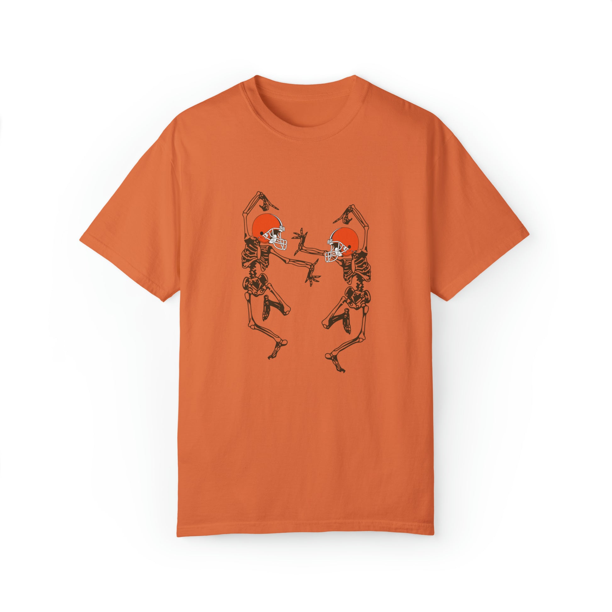 Cleveland Browns Skeleton Crewneck Sweatshirt - Browns Pumpkinhead Helmet Halloween Football Men's & Women's T-Shirt- Design 9 Comfort colors  oragne