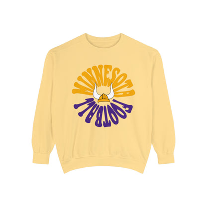Comfort Colors - Retro Purple Yellow Minnesota Vikings Football Crewneck - Pastel NFL Hippy Circle Sweatshirt Men & Women - Design 2