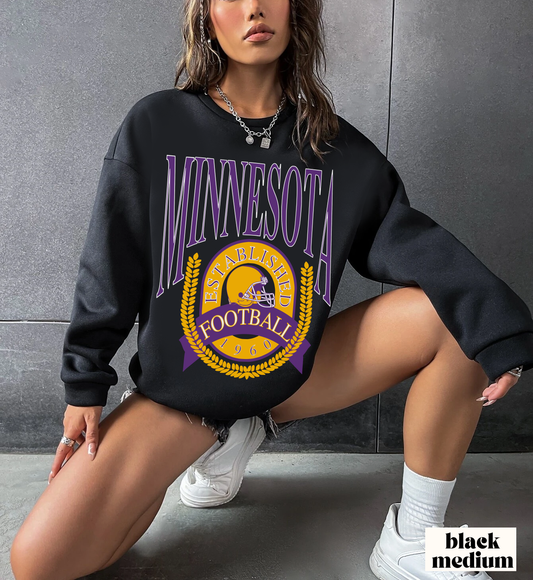 Throwback Black Vintage Minnesota Vikings Crewneck - Retro Unisex Football Sweatshirt - Men's & Women's NFL Football - Design 1